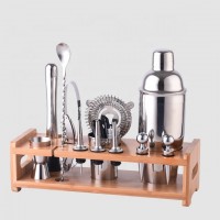 Factory Direct 700ml bamboo wood holder stainless steel cocktail shaker bar tool barware set color gift box