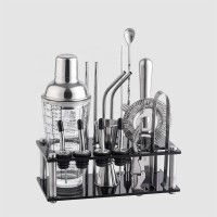 Factory Direct 400ml glass barware stainless steel bartender cocktail shaker bar tools set with acrylic frame stand