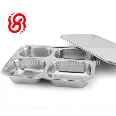 4 Compartment Stainless Steel Children Student Lunch Plate with Lid Catering Tray