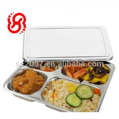 Hot sell rectangle stainless steel 4 parts snack tray fast food tray with lid