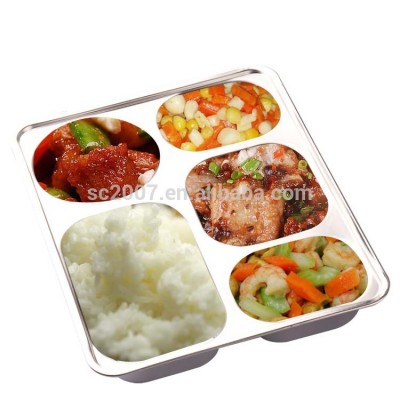 Stainless Steel 5 Compartment Fast Food Tray / School Dinner Plate with steel or PP lid